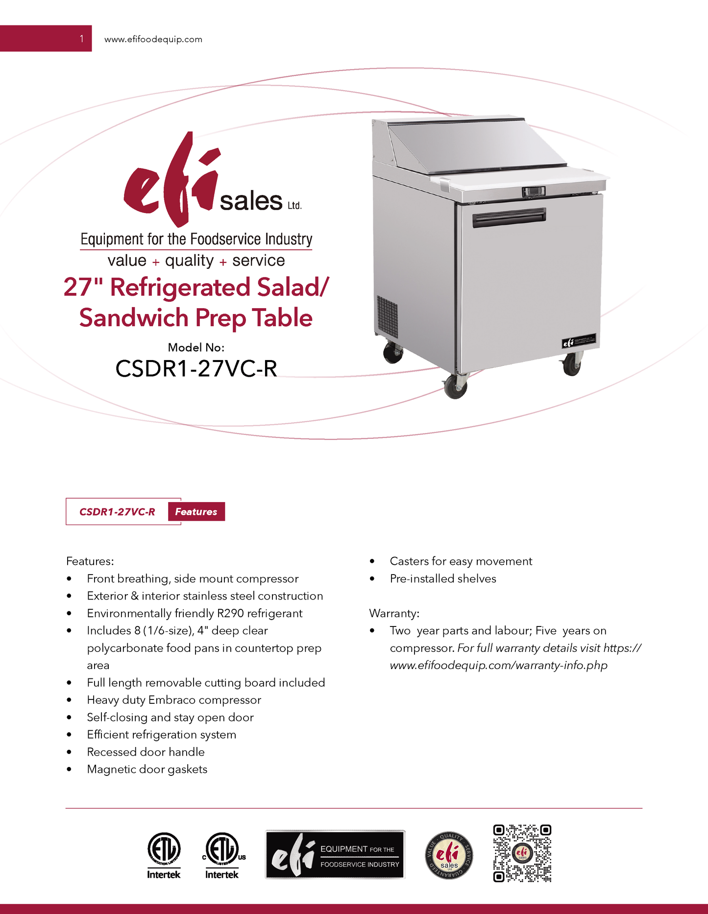 Salad/Sandwich Prep Table 27"
