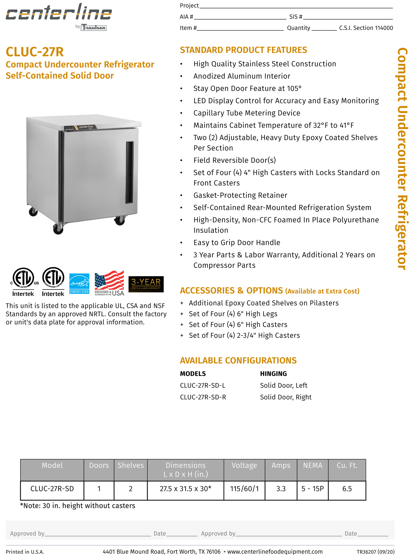 Undercounter Refrigerator 27"