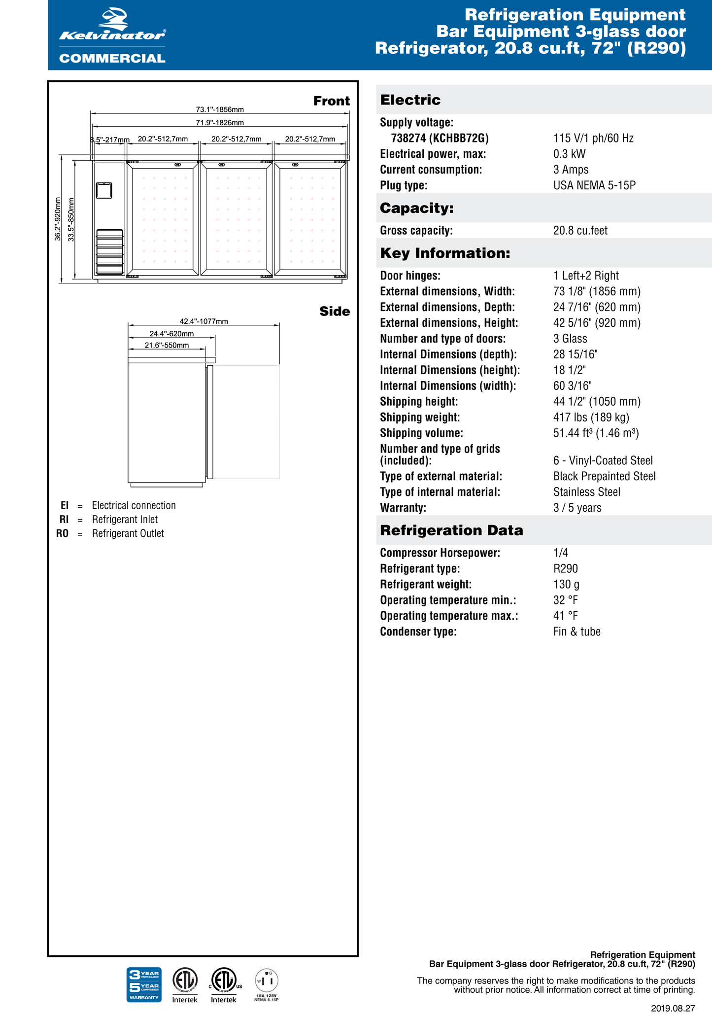 Glass Hinge Doors Back Bar 72"