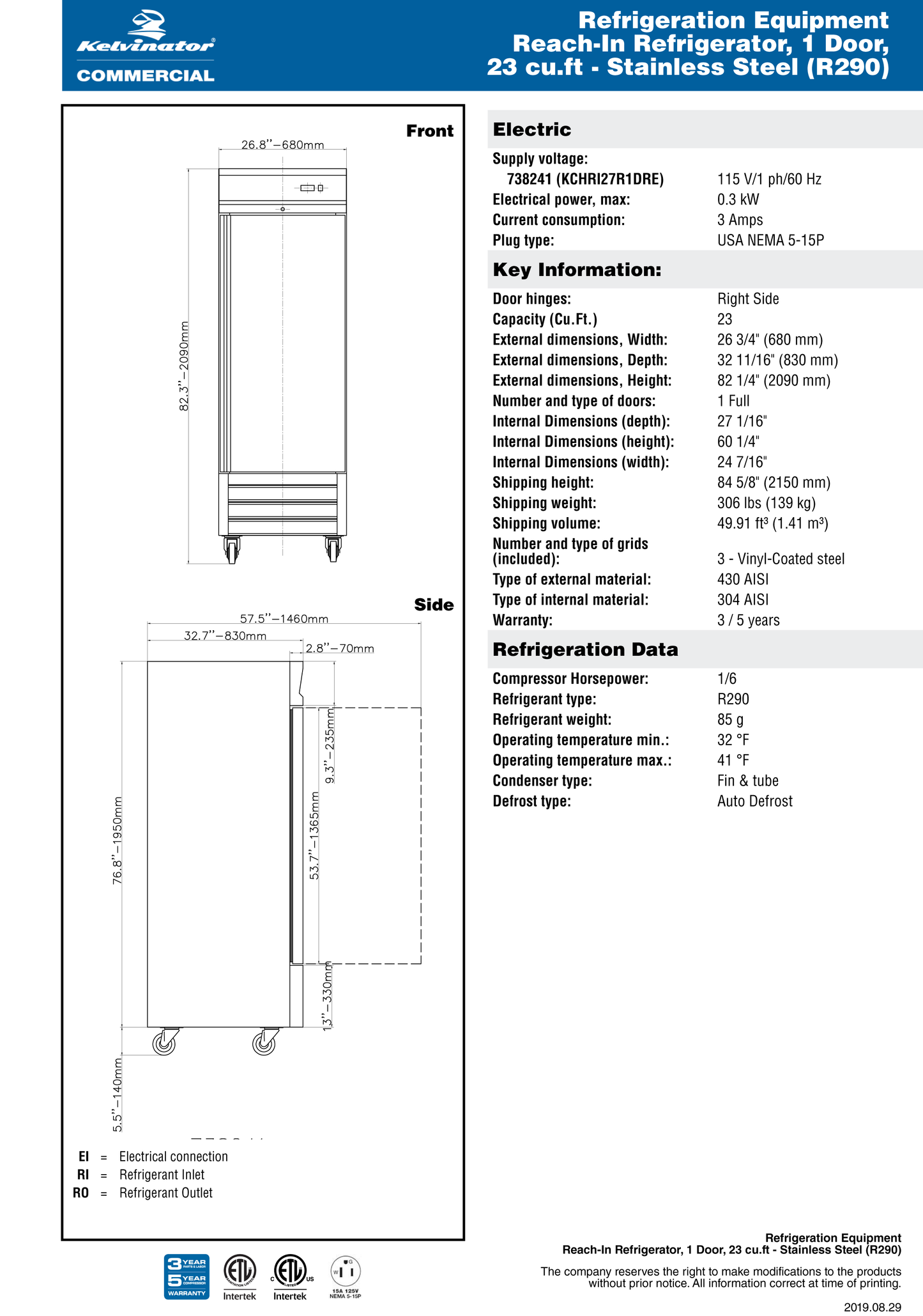 Reach-In Refrigerator 26.8"