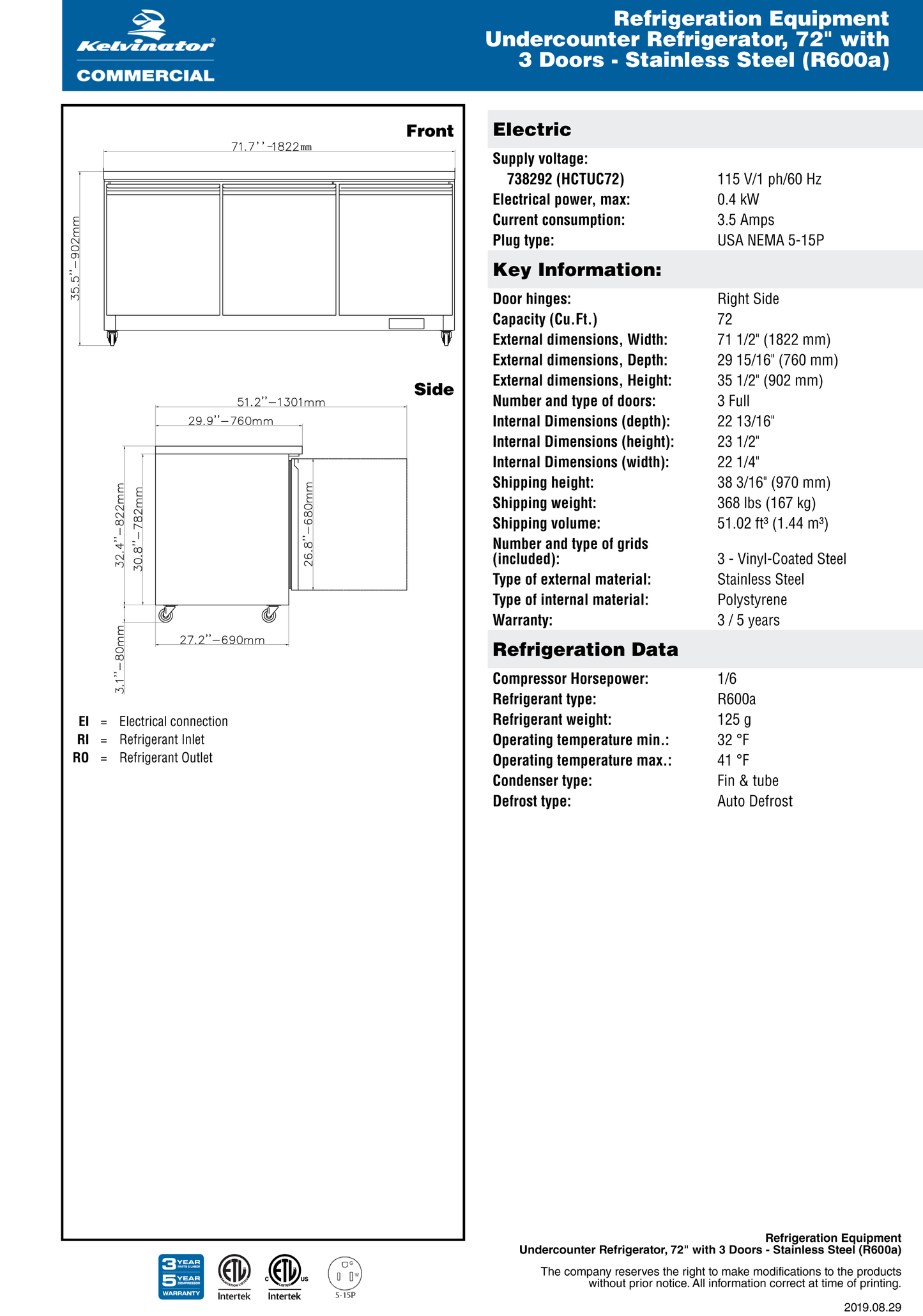 Undercounter Refrigerator 72"