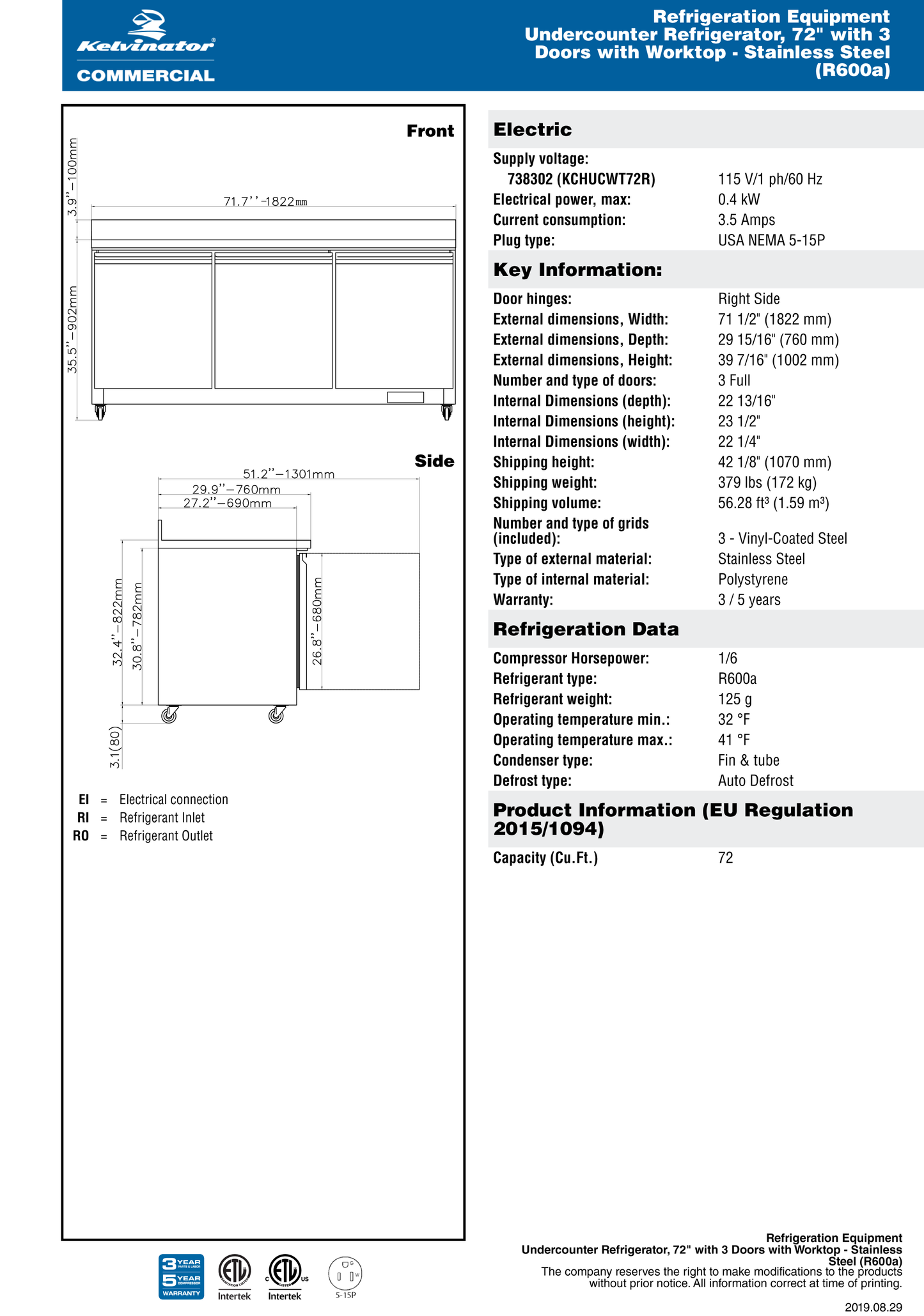 Undercounter Refrigerator 72"